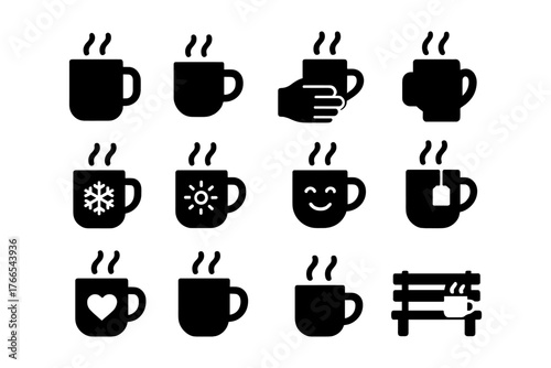 Variety of coffee mug silhouettes with icons indicating different drink types and emotions