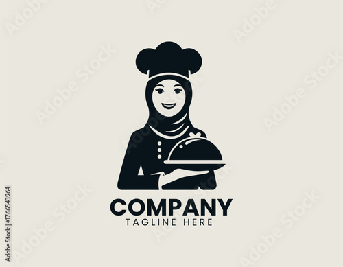 Sweet cartoon Muslim woman chef illustration wearing peach hijab and happily presenting chocolate dessert with floating hearts. Food concept