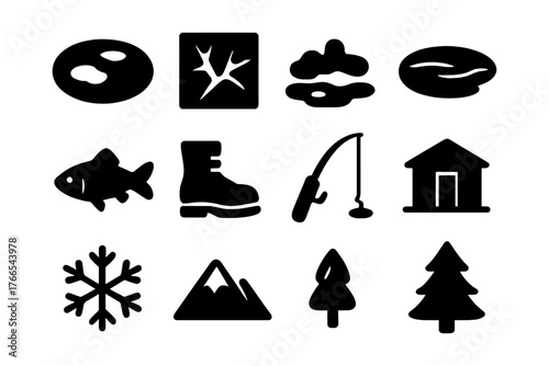 Outdoor adventure icons: fishing, hiking, and nature silhouettes
