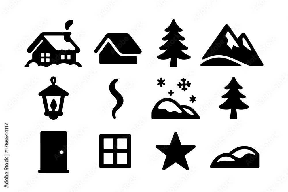 Fototapeta premium Winter icons collection featuring silhouette designs of trees, mountains, and cozy cabins
