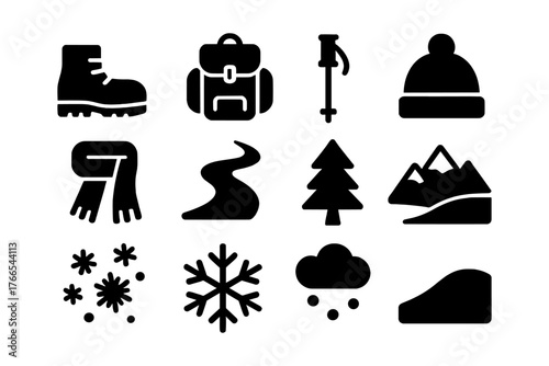 Winter hiking essentials icons: boots, backpack, hat, and nature symbols in bold silhouette style