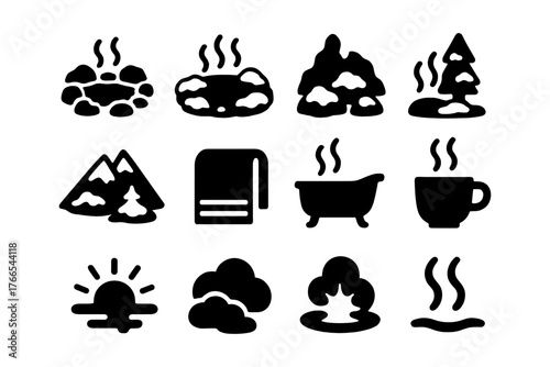Hot springs and relaxation silhouette icons set for spa and nature themes