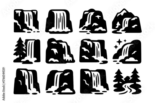Collection of minimalist waterfall icons in silhouette style with scenic elements