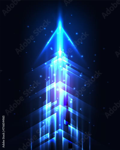 vibrant futuristic digital arrow design of high speed technology and data flow. The electric blue and cyan light streaks soar upwards on a dark background