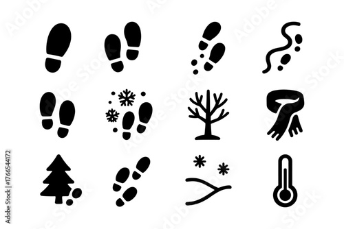 Winter footprint icons: minimalistic black and white collection for seasonal designs