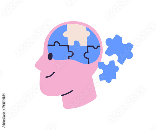 Puzzle in brain. Mind, mental health and psychology concept. Memory loss, cognition disorder, alzheimer and dementia. Jigsaw pieces in head. Flat vector illustration isolated on white background