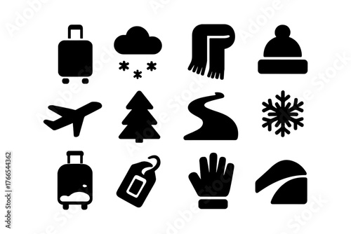 Silhouette winter travel icons: luggage, snow, scarf, hat, airplane, road, snowflake