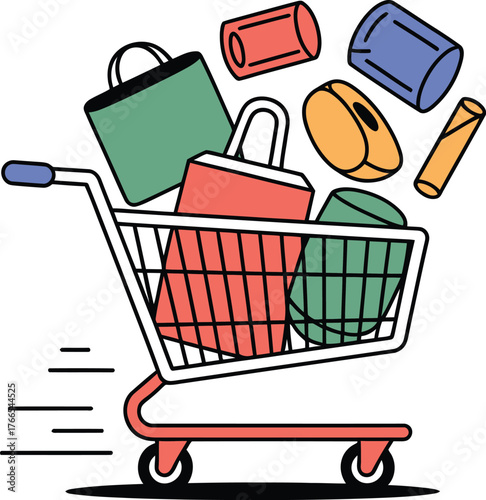 Shopping cart overflowing with colorful bags and cylindrical objects