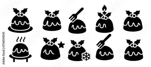 Festive christmas pudding silhouettes: holiday icons with holly and decorations