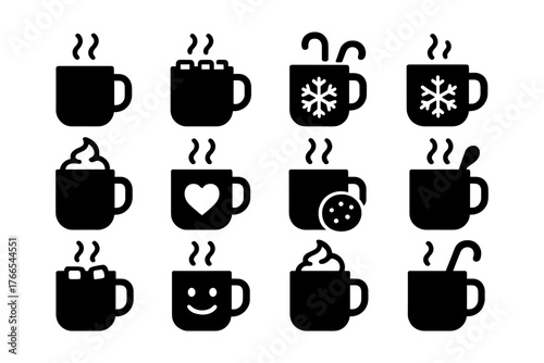 Set of twelve coffee mug icons in simple black silhouette style