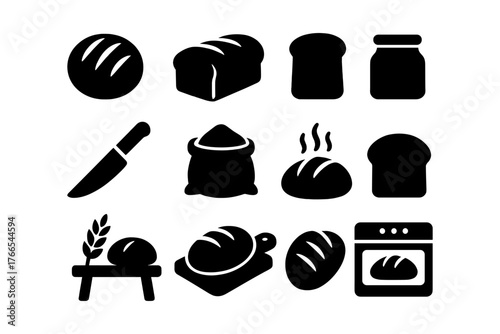 Silhouette bakery icons: bread, pastry, oven, and kitchen essentials
