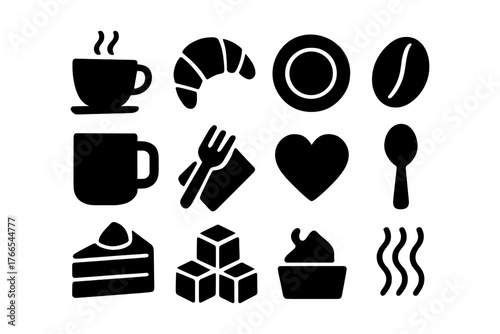 Black and white cafe icons set featuring coffee, dessert, and cutlery silhouettes