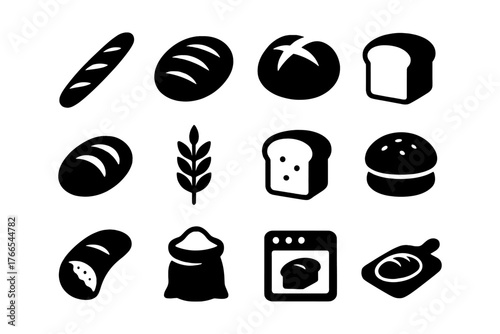 Bakery icons: flat black silhouette of bread loaves, wheat, and baking tools