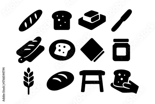 Assorted bakery icons: bread, toast, butter, jam, wheat, cutting board, knife, hand
