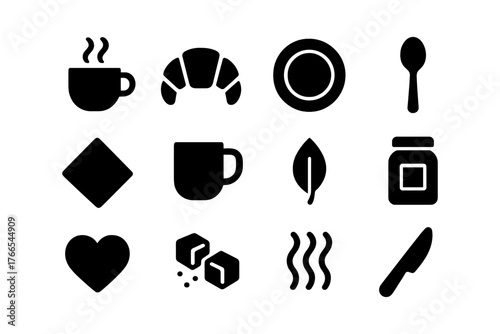Minimalist breakfast icons: coffee, croissant, and kitchen essentials