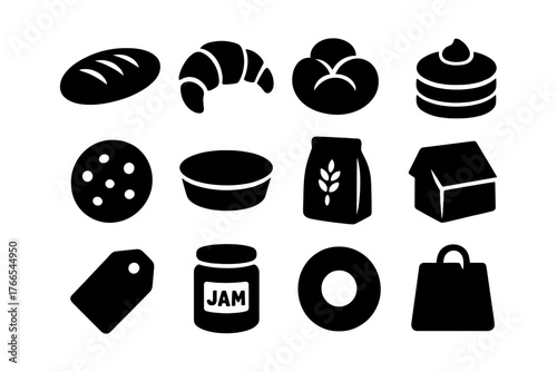 Bakery and shopping icons: grocery bread, pastry, jam, and more in silhouette style