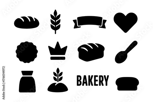 Bakery icons set: bread, wheat, heart, crown, spoon in silhouette style