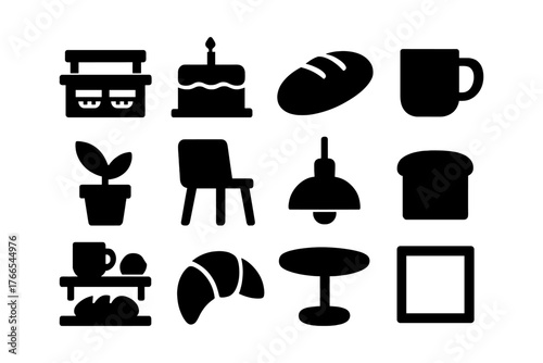 Silhouette icons of bakery, furniture, and homewares in minimalist style
