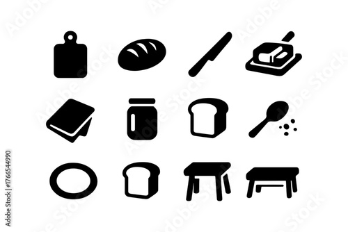 Kitchen essentials silhouette icons: bread, cutting board, cutlery, butter dish