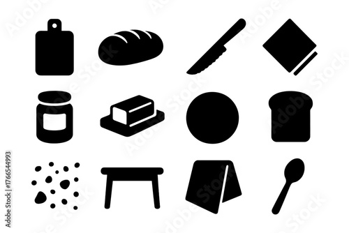 Silhouette kitchen tools and food icons set for cooking and baking