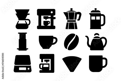 Silhouette coffee icons set: brewing methods and equipment collection