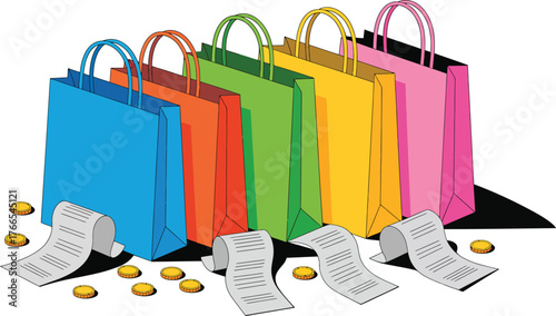 Colorful shopping bags with receipts and coins vector
