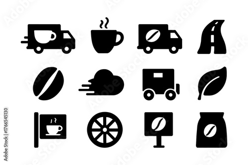 Coffee-themed icons with food truck silhouettes and minimalistic designs