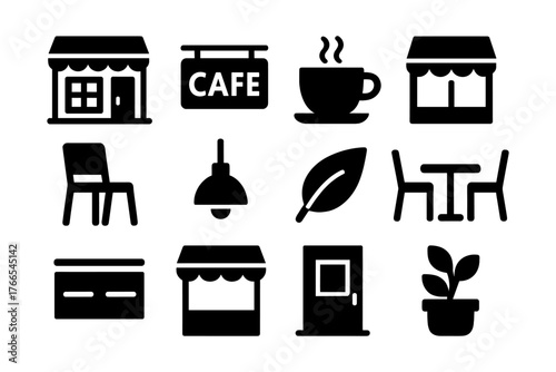 Cafe icon set featuring silhouette designs of cups, chairs, and tables for restaurant themes