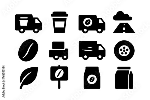 Coffee delivery icons set: silhouette design with beverage and transport elements