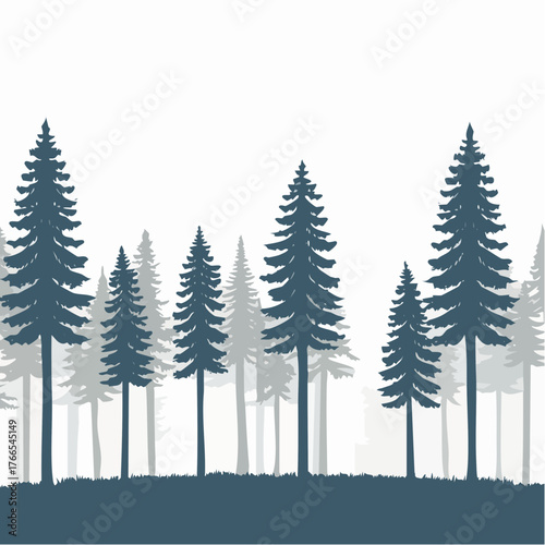 Pine forest silhouette vector illustration with many trees