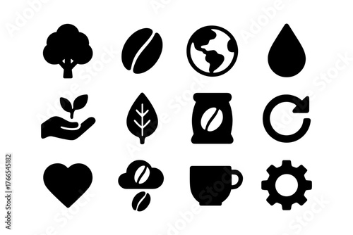 Eco-friendly coffee icons set with nature and sustainability themes