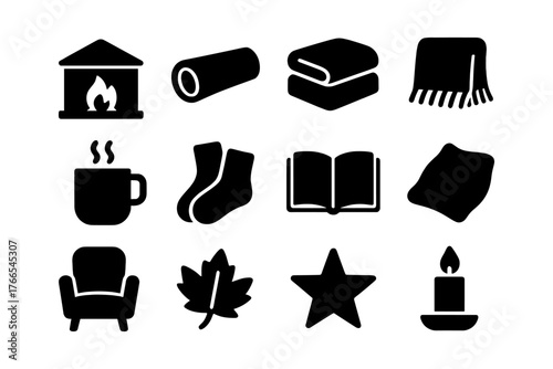 Cozy home icons collection featuring fireplace, blankets, and warm beverages in silhouette style