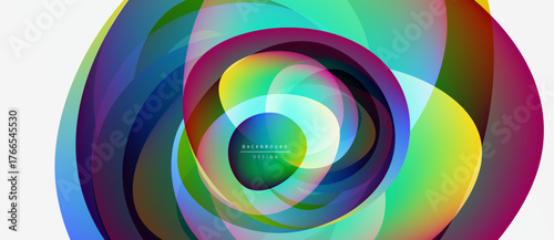 Abstract colorful layers create dynamic circular design. Vibrant hues blend, forming modern visual experience. Smooth gradients suggest movement, depth.