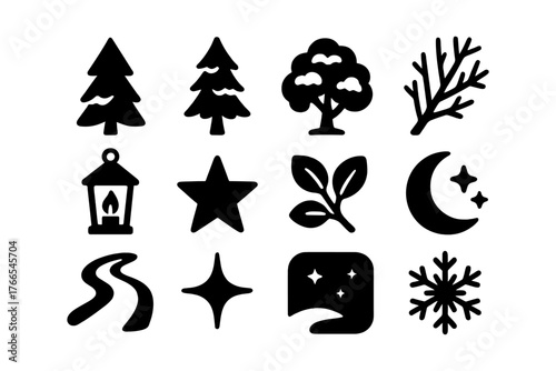 Nature and celestial icon set: silhouettes of trees, stars, and snowflake