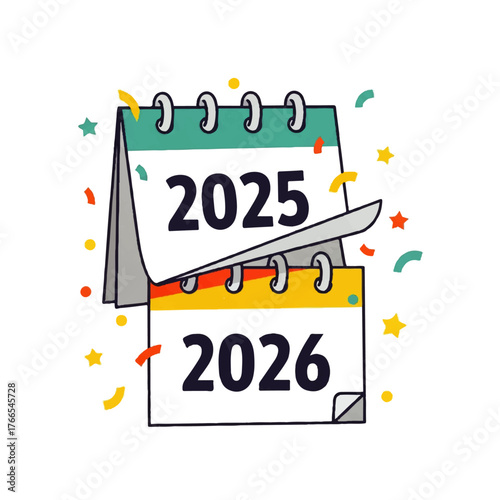 A festive flat vector icon of a calendar flipping a page from 2025 to 2026 to celebrate the new year
