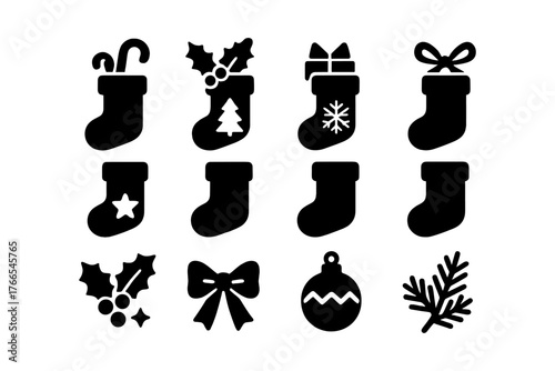 Silhouette christmas stockings collection with holiday icons and decorations