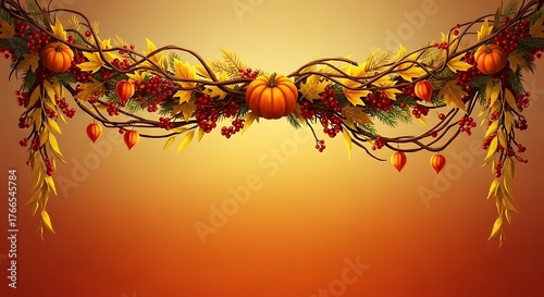 Autumnal Garland with Pumpkins and Foliage - A Festive Thanksgiving Decoration.