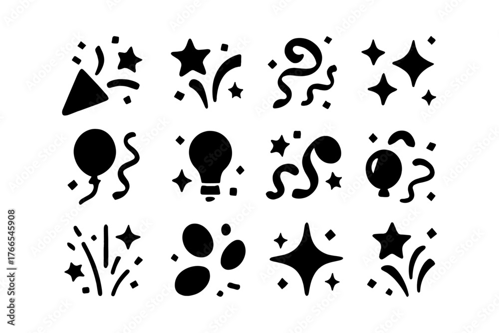 Fototapeta premium Celebration icons set: festive party elements with balloons, stars, and confetti