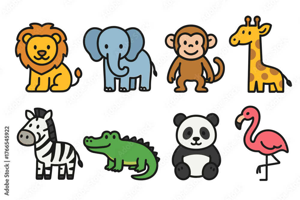Fototapeta premium Colorful cartoon animals: lion, elephant, monkey, giraffe, zebra, crocodile, panda, flamingo