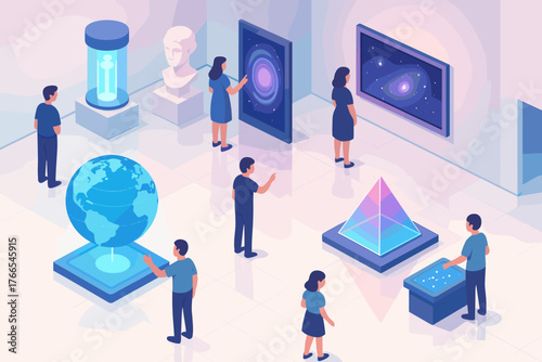 Interactive science museum with diverse visitors and futuristic exhibits