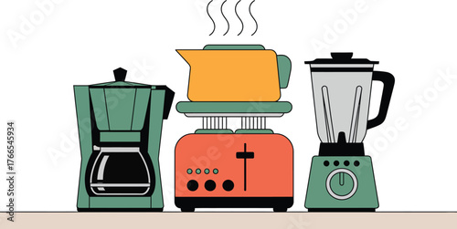 Green coffee maker orange toaster and blender kitchen