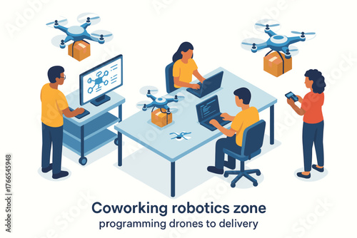 Diverse coworking team programming delivery drones in robotics zone