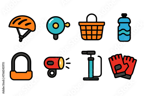 Colorful cycling accessories icon set featuring helmet, bell, basket, bottle, lock, light, pump, gloves