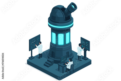 Futuristic observatory with scientists analyzing data through telescope