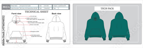 Men’s Hoodie Technical Flat Sketch  Fashion Tech Pack Template.