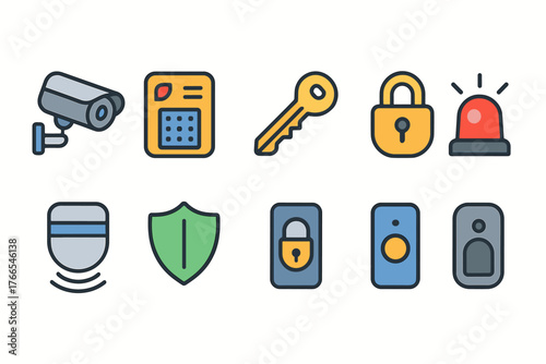 Home security icons: camera, keypad, key, lock, alarm, sensor, shield