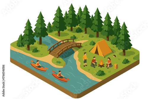 Camping adventure: family kayaking and camping in forest with river and tent