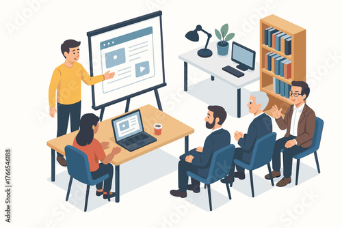 Diverse office presentation with asian male presenter and team in modern workspace setting