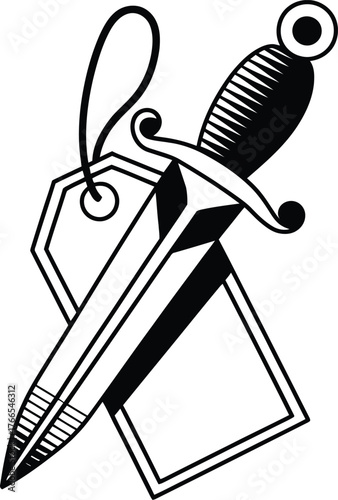 Black and white dagger piercing a price tag knife blade
