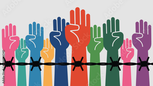 Colorful Raised Fists Behind Barbed Wire Symbolizing Protest, Freedom, Resistance, and Human Rights Issues